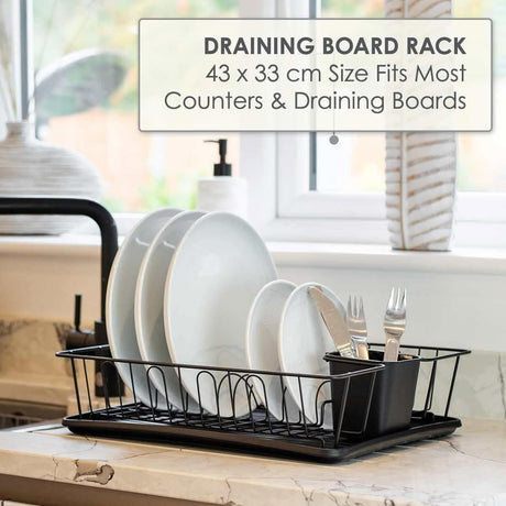 CLICKK Home Store black anti rust kitchen dish rack with plates and utensils on countertop
