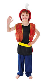 Child wearing Arabian boy costume with red vest, turban with feather, black shirt, yellow belt, and blue pants