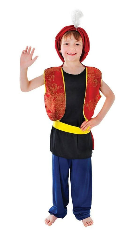 Child wearing Arabian boy costume with red vest, turban with feather, black shirt, yellow belt, and blue pants