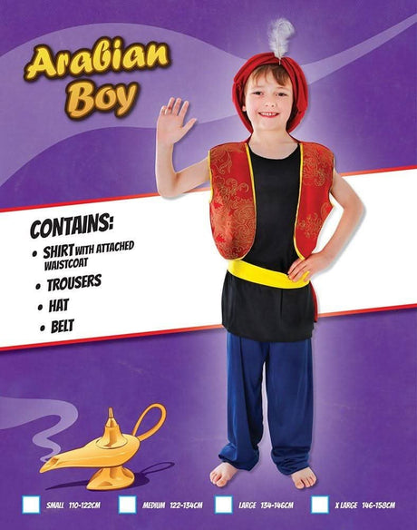 Arabian boy costume featuring red vest, black shirt, blue trousers, red hat with feather, and yellow belt
