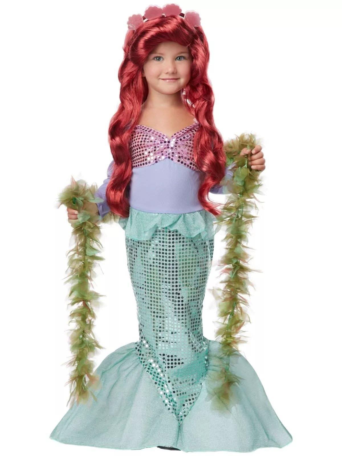 Girl wearing Ariel mermaid costume for kids with red wig and sparkly tail holding green seaweed garland