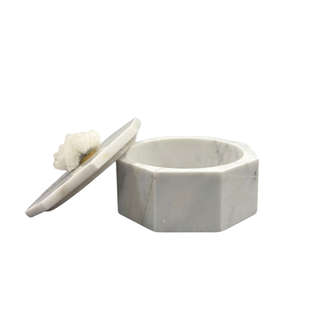 White Marble Hexagon Lidded Box with Crystal Handle