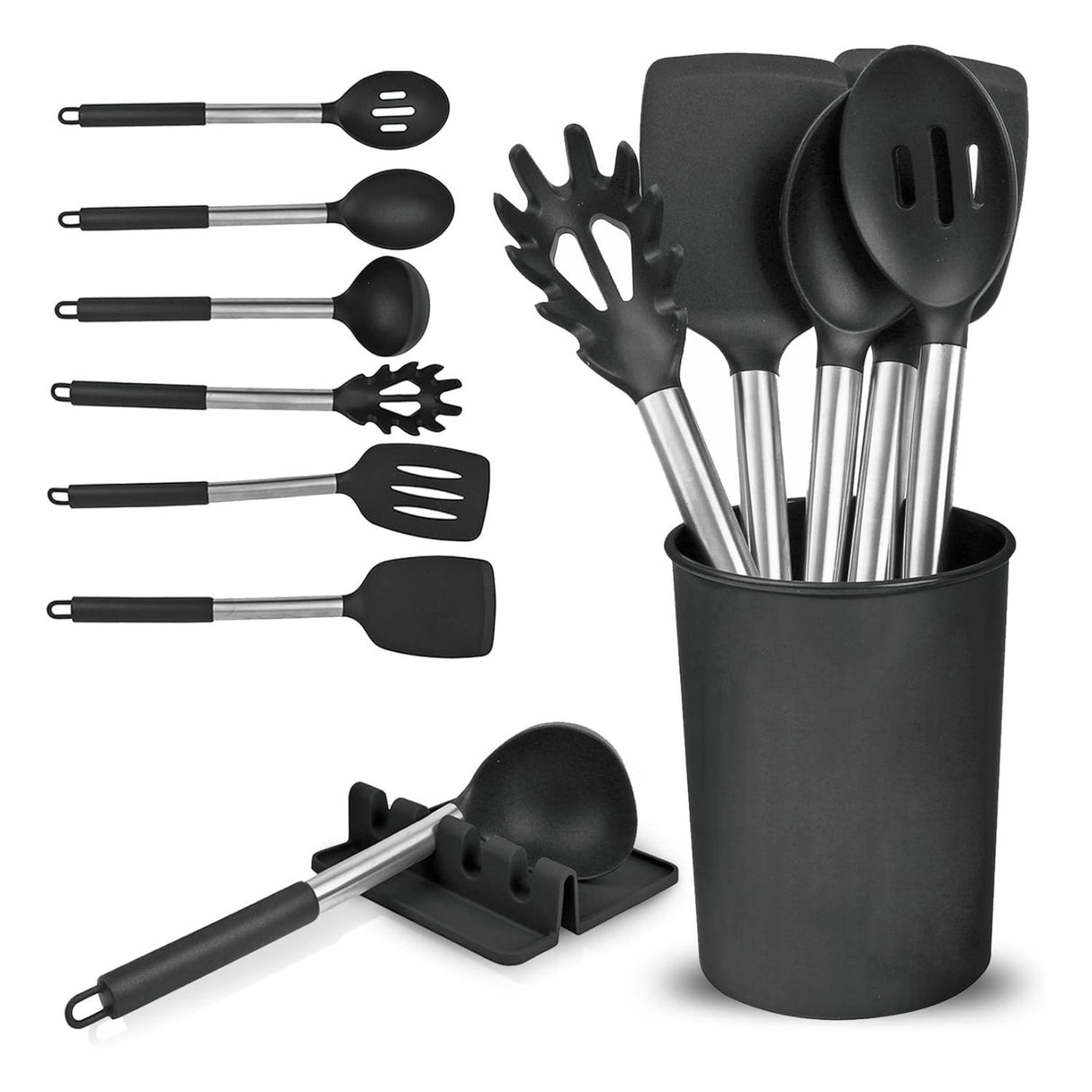 8 Piece Silicone Kitchen Utensil Set with Storage Bucket Black