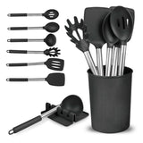 8 Piece Silicone Kitchen Utensil Set with Storage Bucket Black