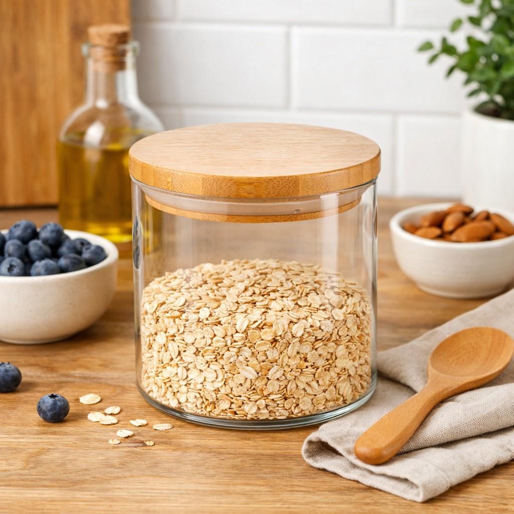 Clear Glass Cylinder Storage Jar with Bamboo Lid 550ml