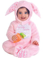 Infant wearing a pink baby bunny costume 3-6 months with floppy ears and carrot toy