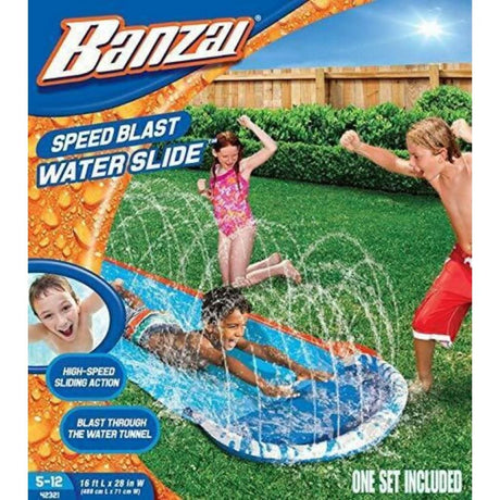 Kids enjoying the 16ft Speed Blast water slide in a backyard, featuring high-speed sliding action