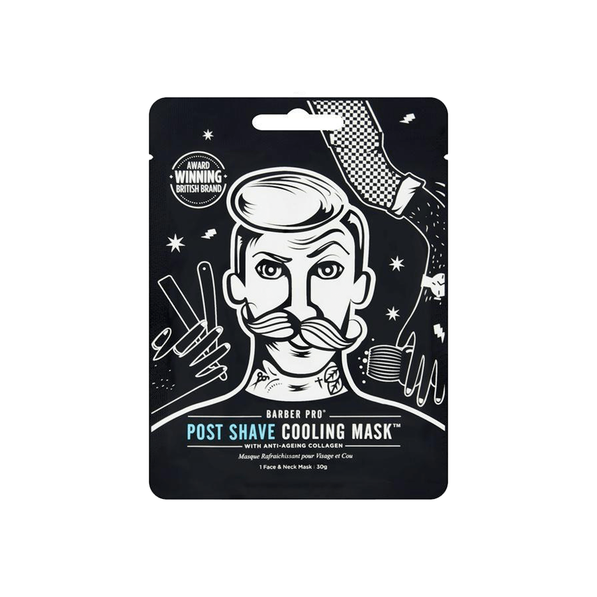 CLICKK Home Store post shave cooling sheet mask packaging with barber-themed black and white design