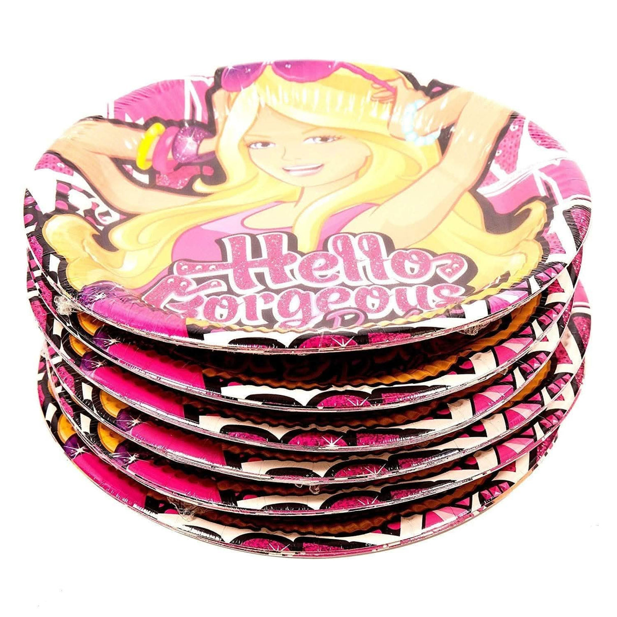Stack of Barbie birthday party plates featuring a blonde Barbie illustration with Hello Gorgeous text