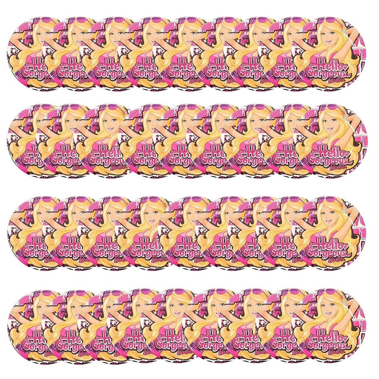 Barbie birthday party plates featuring blonde Barbie design with Hello Gorgeous text in pink and yellow