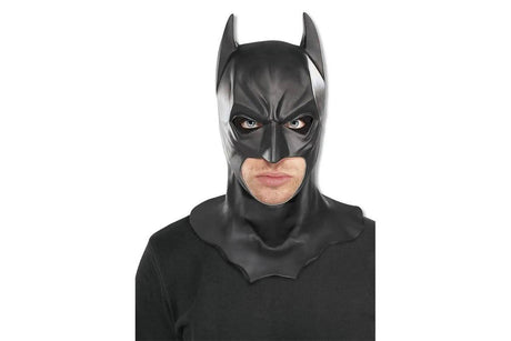 Black Batman Dark Knight mask covering head and neck with pointed ears and eye openings
