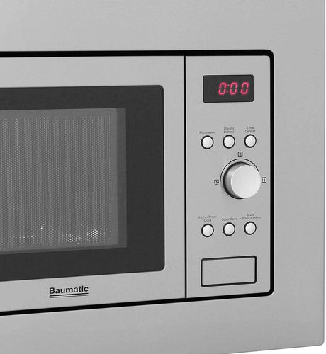 Close-up of Hoover Baumatic built-in microwave stainless steel control panel with buttons and dial