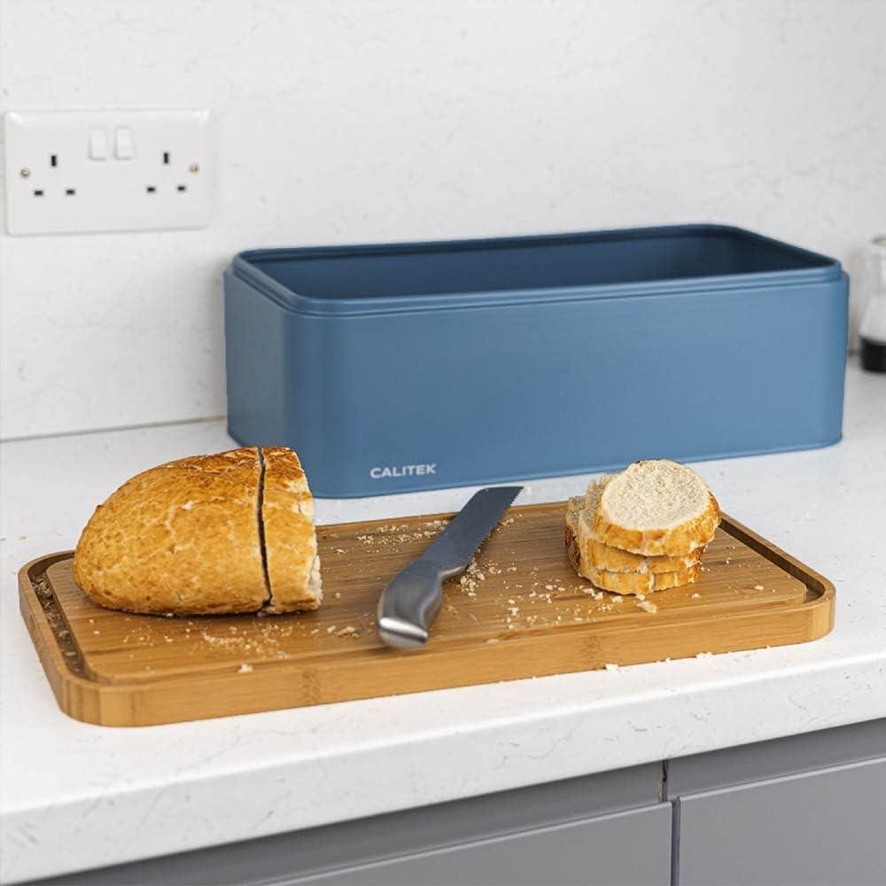 CALITEK Metal Bread Bin Storage Box Container for Kitchen Counter Bamboo Chopping Board Lid Blue