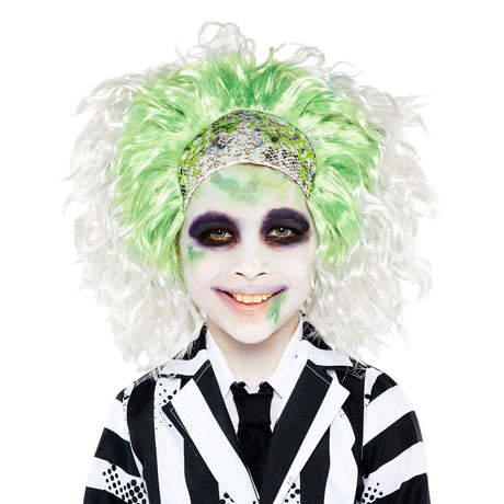 Beetlejuice kids wig with green and white wild hair, worn with black and white striped costume