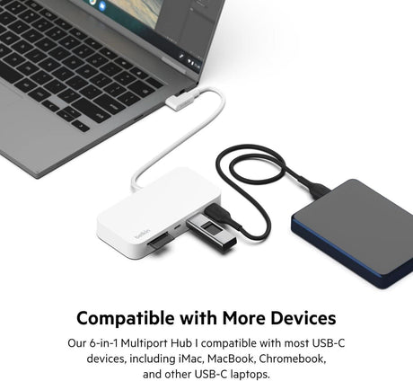 Belkin USB-C multiport hub connected to laptop with USB drives and external hard drive plugged in