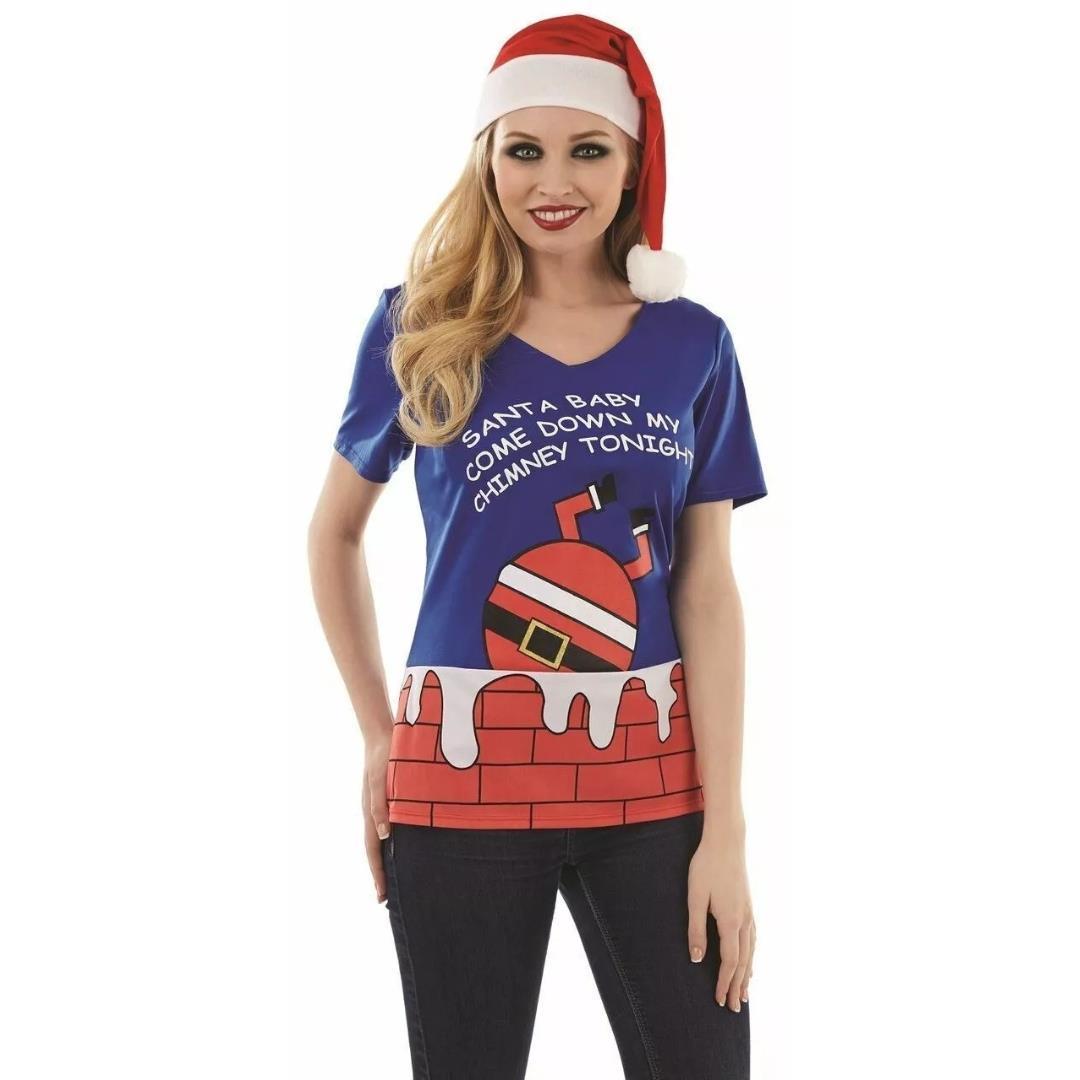 Women's Santa Baby V neck T-Shirt Small Blue