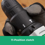 Close-up of 11-position clutch on Black and Decker 12v cordless drill held by gloved hand