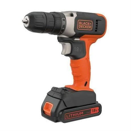 Black and Decker 18V drill driver cordless power tool with orange and black design and lithium battery