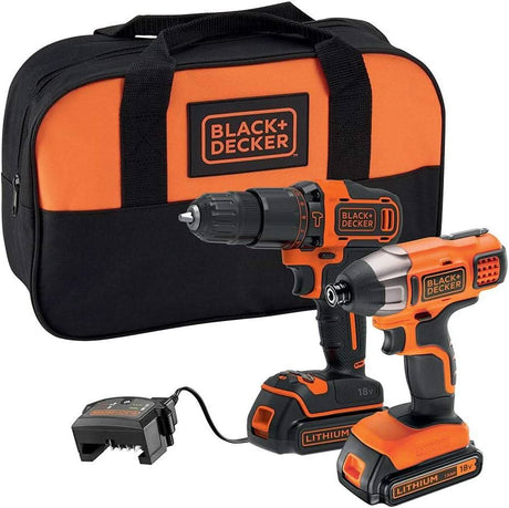 Black and Decker cordless drill set with two orange and black drills, charger, and carrying case