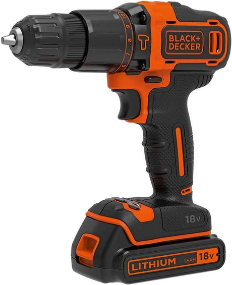 Black and Decker cordless drill set with 18V lithium battery and ergonomic grip in orange and black