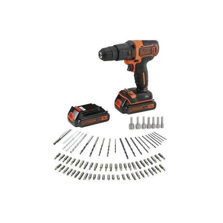 Black and Decker cordless hammer drill with 18V battery and multiple drill and screwdriver bits kit