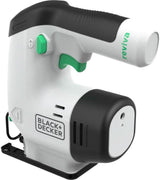 Black and Decker cordless jigsaw with ergonomic handle and green trigger for easy cutting
