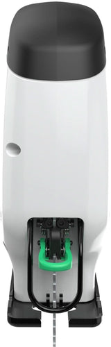 Black and Decker cordless jigsaw white and black with green blade clamp detail in use position