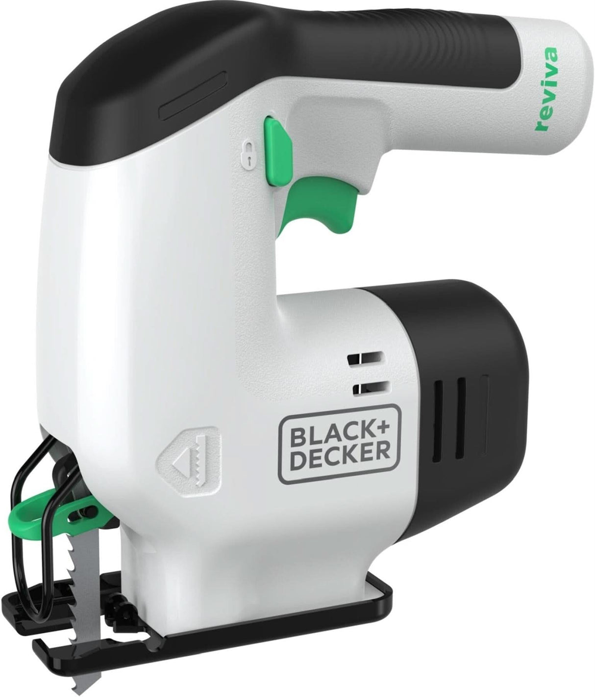 Black and Decker cordless jigsaw in white and black with green trigger and ergonomic handle