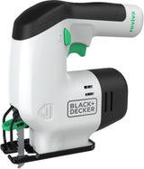 Black and Decker cordless jigsaw in white and black with green trigger and ergonomic handle