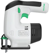 Black and Decker cordless jigsaw in white and black with green trigger and reviva branding