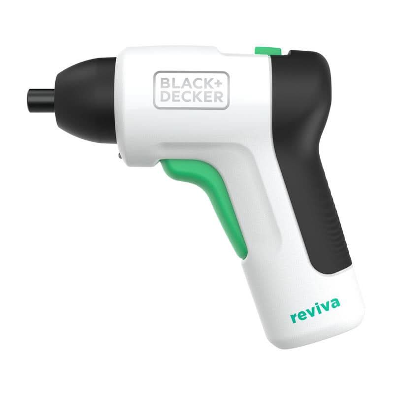 Black and Decker cordless screwdriver in white and black with green trigger and compact design