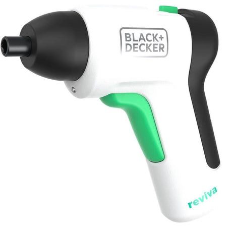 Black and Decker cordless screwdriver with white body and green trigger for easy handling