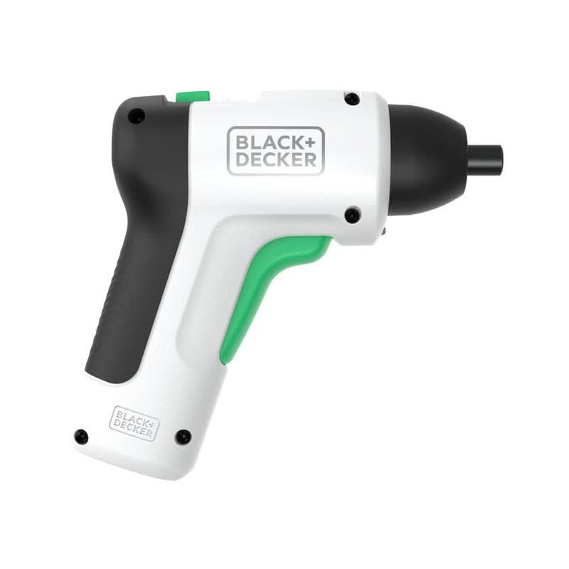 Black and Decker cordless screwdriver with ergonomic white and black design and green trigger