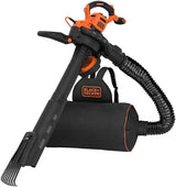 Black and Decker 3-in-1 blower vacuum in black and orange with detachable bag and flexible hose