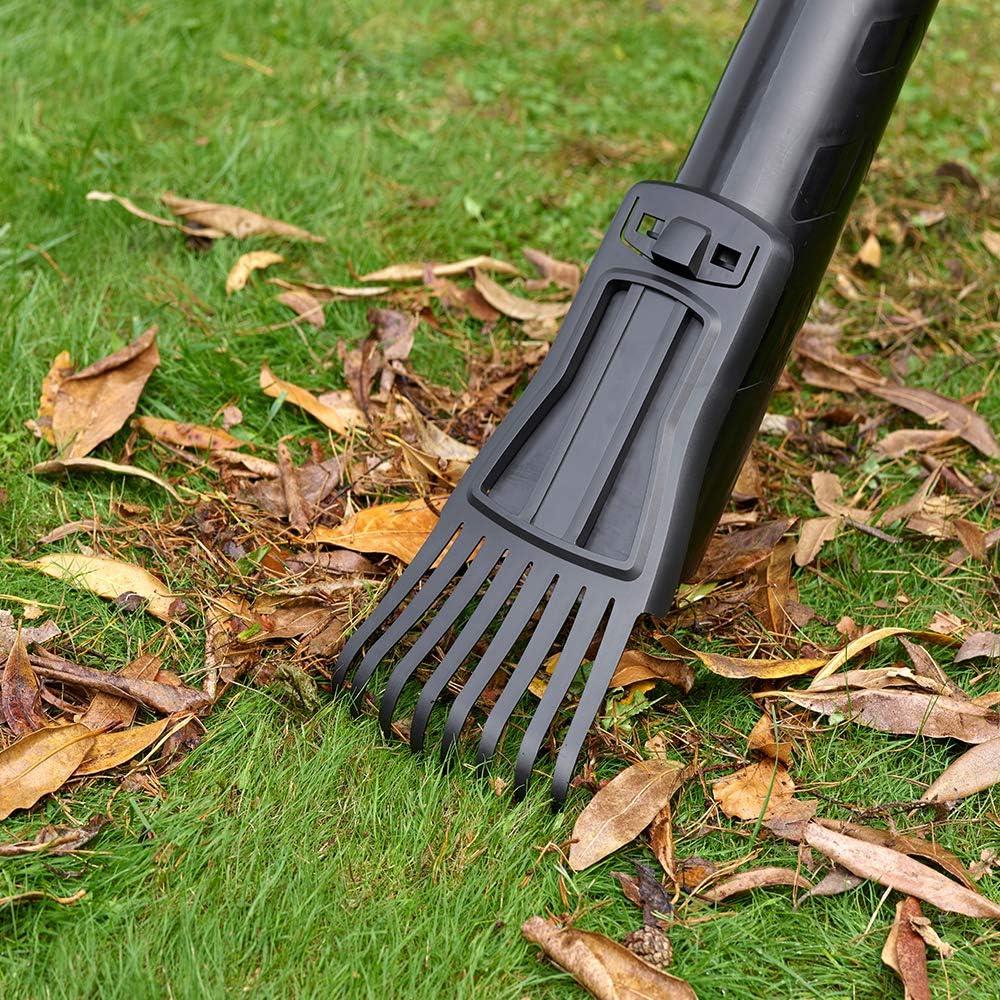 Black and Decker 3-in-1 blower vacuum attachment with rake on green grass and fallen leaves