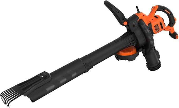 Black and Decker 3-in-1 blower vacuum in orange and black with detachable rake attachment