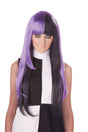 Long straight black purple wig for women with bangs styled in half purple half black design