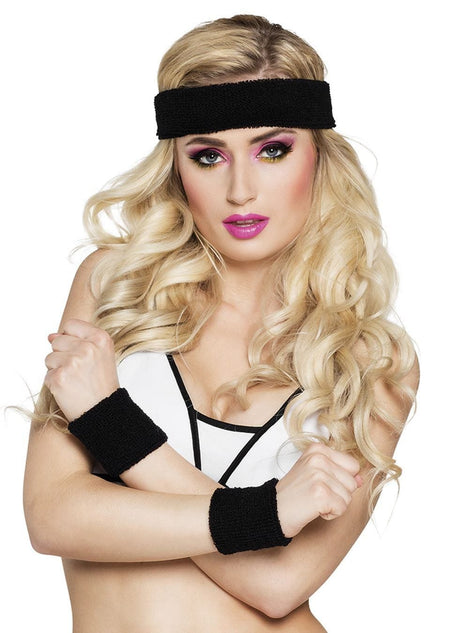 Woman wearing black sweatband set for sports with headband and wristbands from CLICKK Home Store