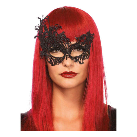 Black Venetian mask for women with intricate lace design worn by woman with red hair