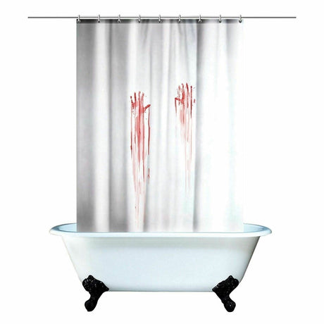 Blood Bath Shower Curtain featuring realistic blood handprints on a white background for a spooky bathroom decor