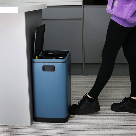 CLICKK Home Store blue dual compartment recycling bin with foot pedal for hands-free use in modern kitchen
