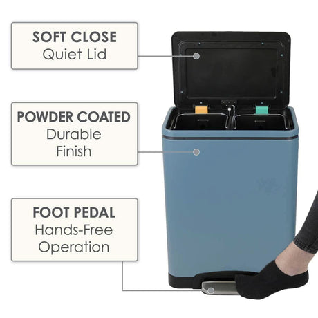 CLICKK Home Store dual compartment recycling bin with soft close lid, powder coated finish, and foot pedal