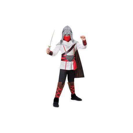 Boys ninja costume age 5-7 in gray and red with sword and hooded cape for imaginative play