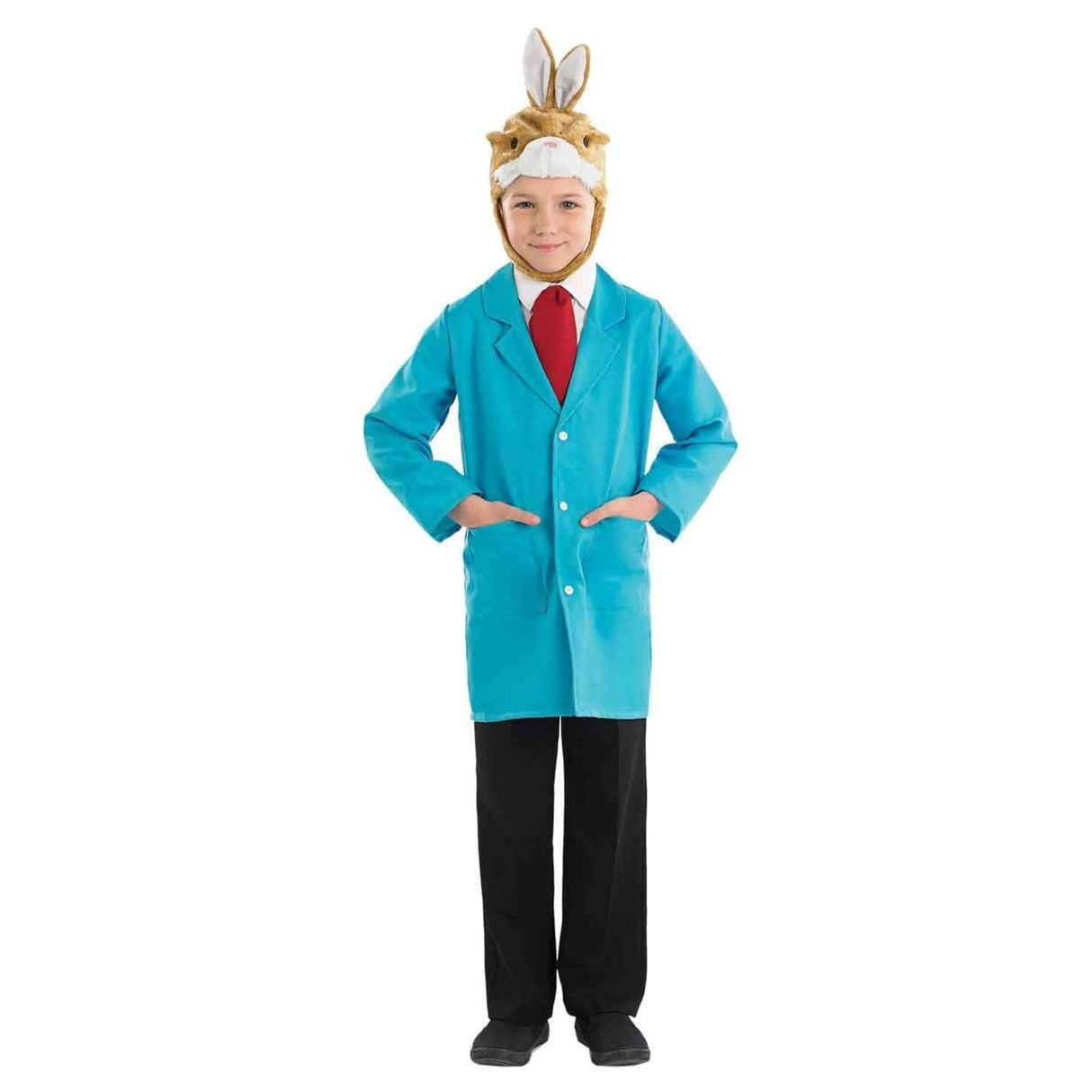 Boy wearing boys rabbit costume with rabbit headpiece, blue jacket, red tie, and black pants