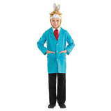Boy wearing boys rabbit costume with rabbit headpiece, blue jacket, red tie, and black pants