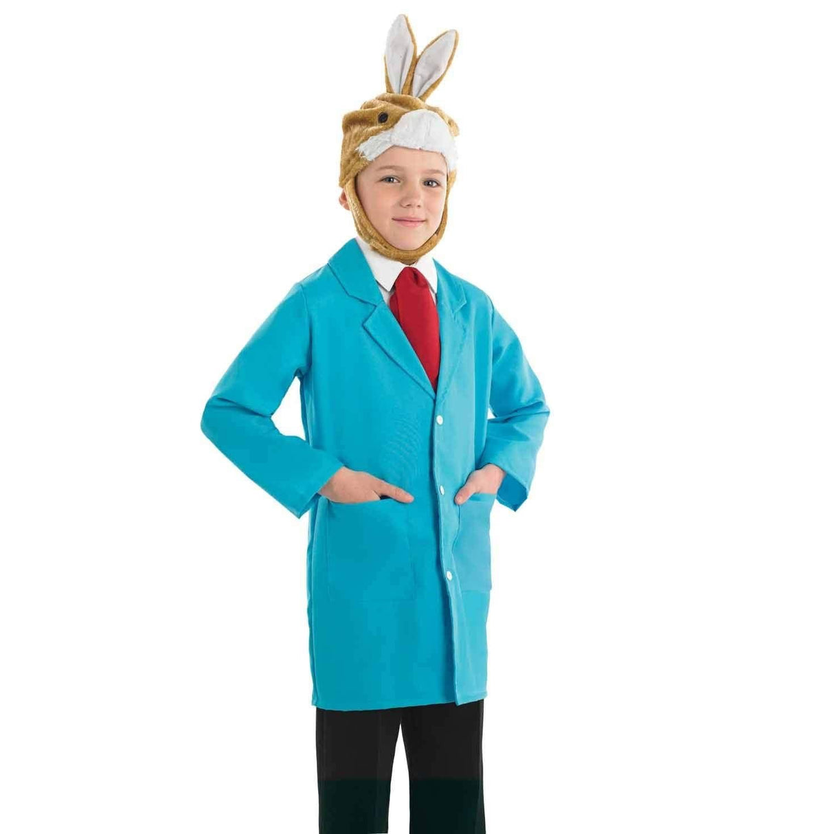 Boy wearing boys rabbit costume with blue coat, red tie, and rabbit headpiece for fancy dress