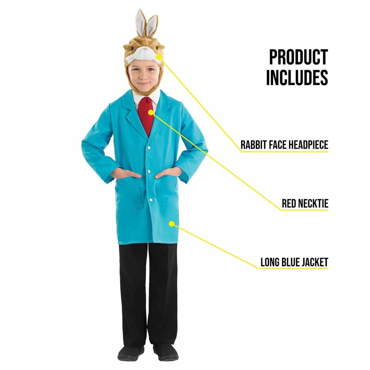 Boy wearing boys rabbit costume with rabbit face headpiece red necktie and long blue jacket