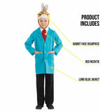 Boy wearing boys rabbit costume with rabbit face headpiece red necktie and long blue jacket