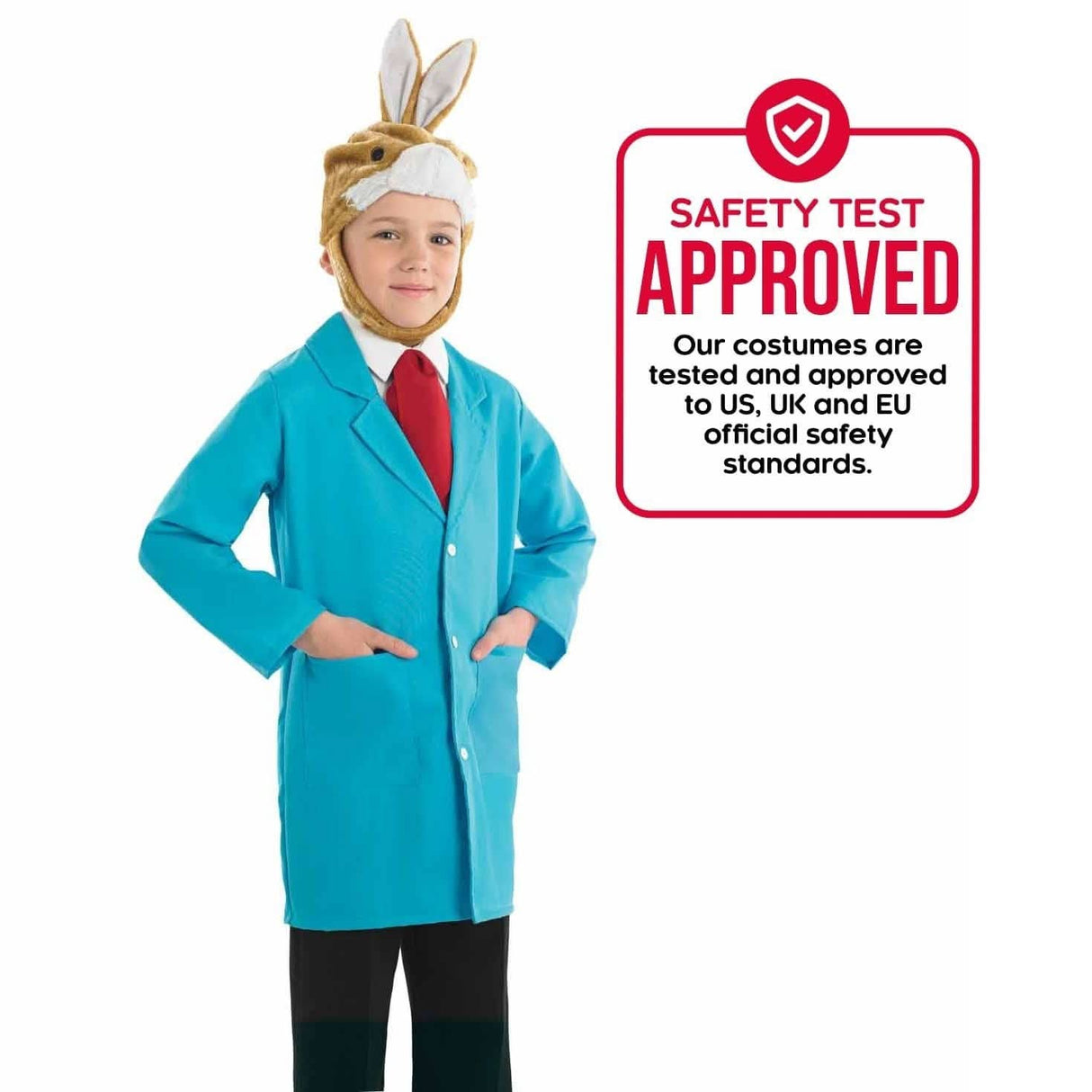 Boy wearing a boys rabbit costume with a blue coat and rabbit head hat from Boys Fancy Dress