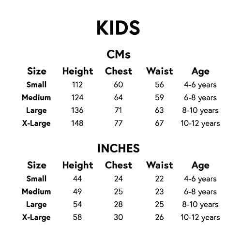 Size chart for boys rabbit costume from Boys Fancy Dress showing height chest waist and age measurements in cm and inches